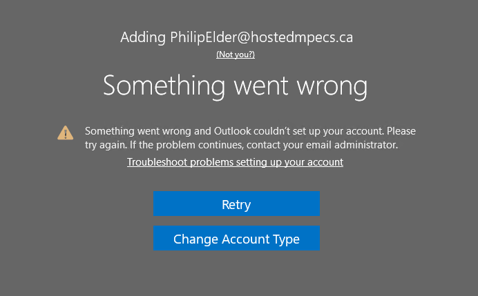 Office 365: Outlook App Error: Something went wrong and Outlook couldn